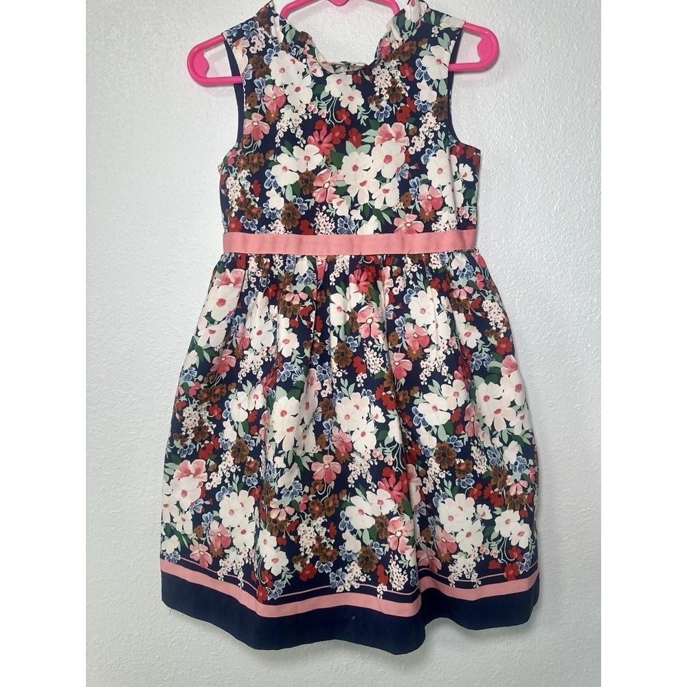 janie and jack Girls Floral Navy Blue Dress with Pink Sash Size 3T